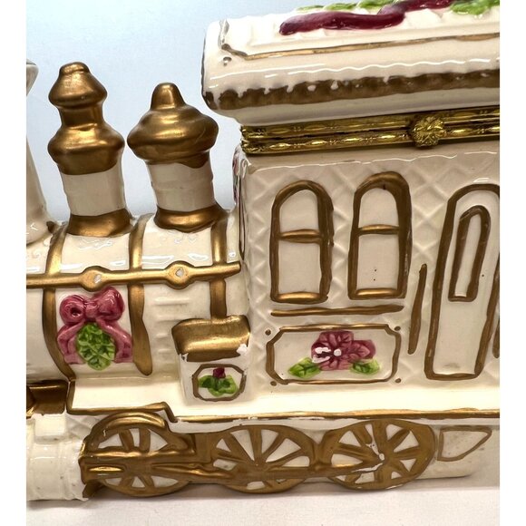 Porcelain Train Trinket Box With Hinged Lid & Gold Accents - Picture 10 of 12